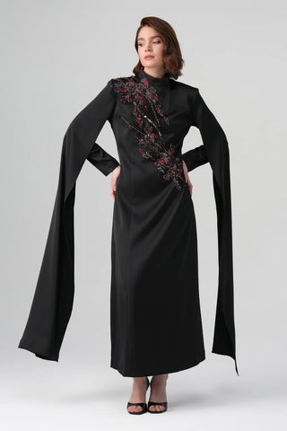 Zafira Embroidered Double-Sleeve Dress – Black
