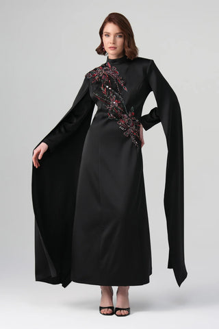 Zafira Embroidered Double-Sleeve Dress – Black