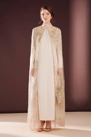 Lumielle Embellished Cape Evening Dress – Cream