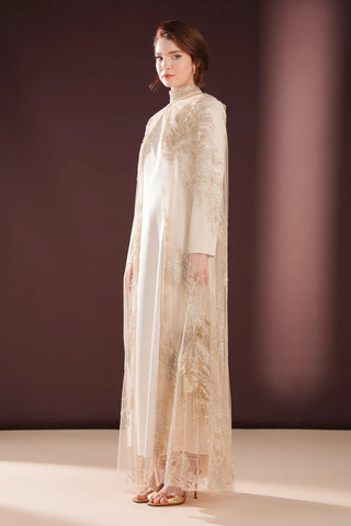 Lumielle Embellished Cape Evening Dress – Cream