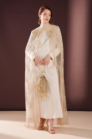 Lumielle Embellished Cape Evening Dress – Cream