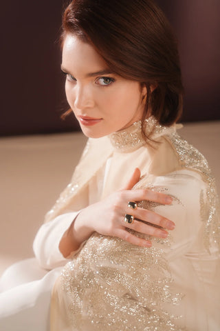 Lumielle Embellished Cape Evening Dress – Cream