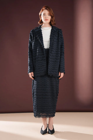 Elowen Textured Fringe Skirt & Jacket Set – Navy