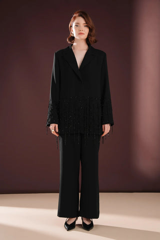 Morvella Embellished Fringe Suit – Black