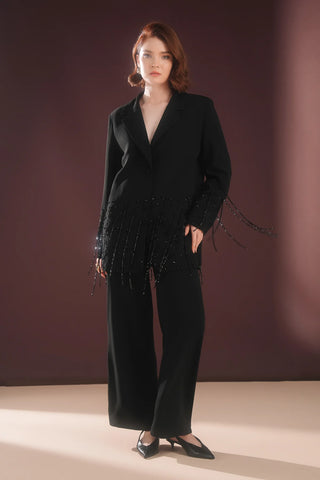 Morvella Embellished Fringe Suit – Black