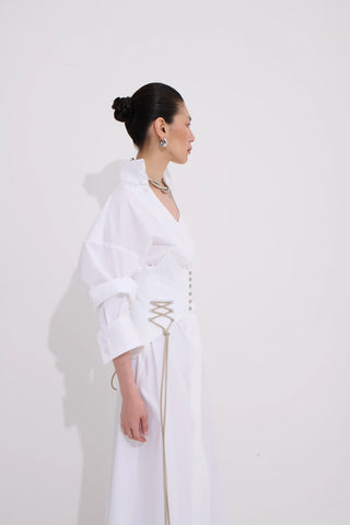 Lia Shirt Dress with Corset Detail – White