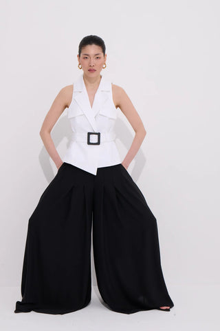 Liza Pleated Wide-Leg Skirt Trousers – Black