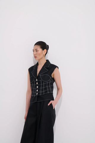 Paloma Corset-Inspired Linen Vest - Black