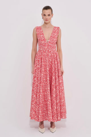 Harlow Red-Yellow Small Floral Print Dress - Premium Cotton