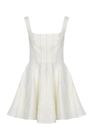 Ivory Short Dress 100% Linen with Punto Stitch Detail