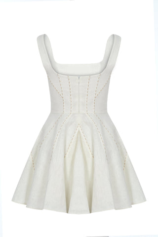 Ivory Short Dress 100% Linen with Punto Stitch Detail