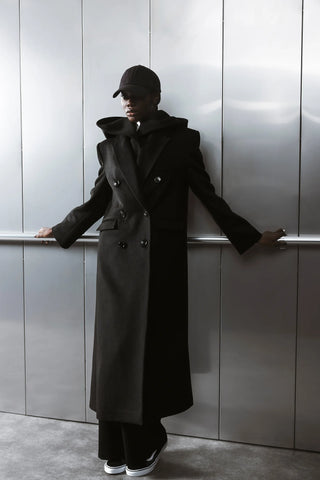 Monument Double-Breasted Long Coat – Black