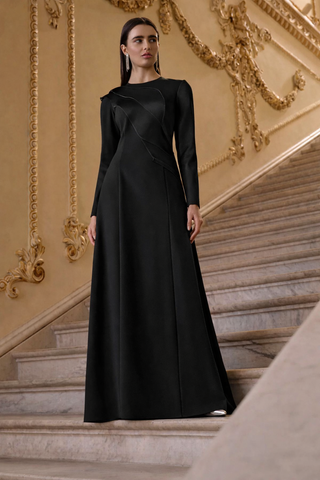 Asymmetric Draped Long-Sleeve Evening Dress - Black