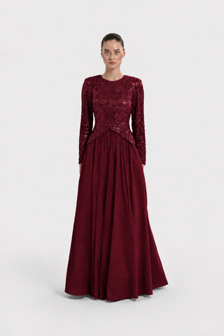 Sequin-Embellished Long-Sleeve Evening Gown - Bordeaux