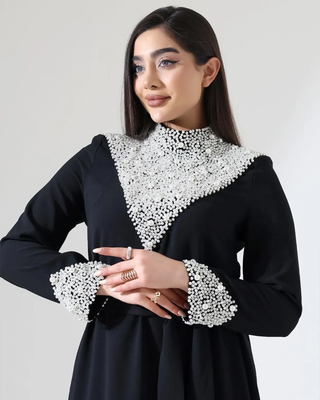 Celina Pearl-Embellished Satin Dress – Black