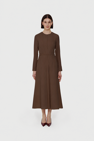Pleated Belted Maxi Dress – Brown