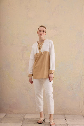 Alamar Broderie Woven Two-Piece Set – Ecru & Beige