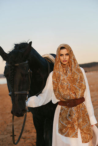 Blazing Horses Crepe Silk Shawl Yellow