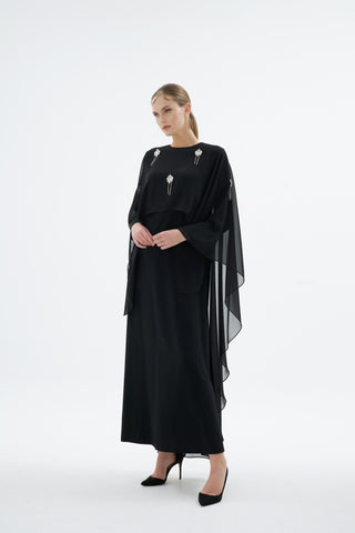 Alera Embellished Cape Dress – Black