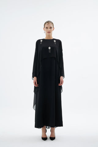 Alera Embellished Cape Dress – Black