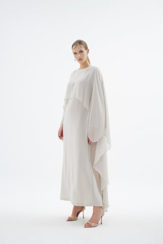 Alera Embellished Cape Dress – Stone