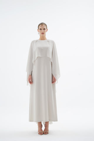 Alera Embellished Cape Dress – Stone