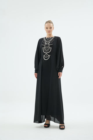 Crystal Embellished Flowing Abaya Dress – Black