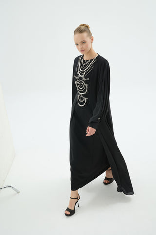 Crystal Embellished Flowing Abaya Dress – Black