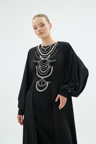 Crystal Embellished Flowing Abaya Dress – Black