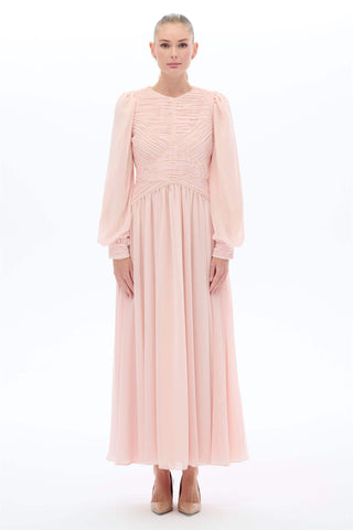 Panel-Piped Pleated Dress in Pink