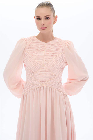 Panel-Piped Pleated Dress in Pink