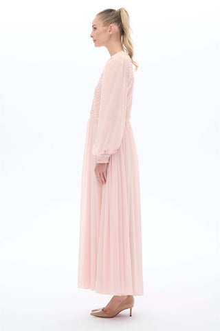 Panel-Piped Pleated Dress in Pink
