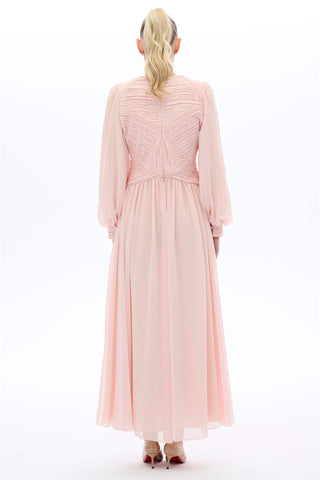 Panel-Piped Pleated Dress in Pink