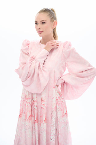 Pink Floral-Panel Pleated Maxi Dress