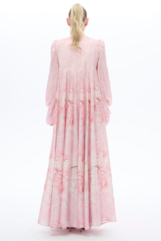 Pink Floral-Panel Pleated Maxi Dress