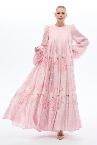 ARASI ÇİÇEK DESENLİ PARÇALI ELBİSE Pembe
