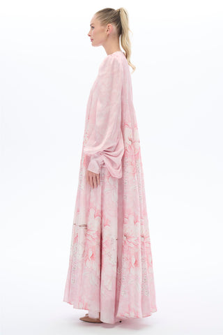 Pink Floral-Panel Pleated Maxi Dress