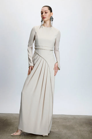 Asymmetric Draped Satin Long Evening Dress with Stone Embellishments - Beige