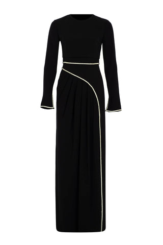 Asymmetric Draped Satin Long Evening Dress with Stone Embellishments - Black
