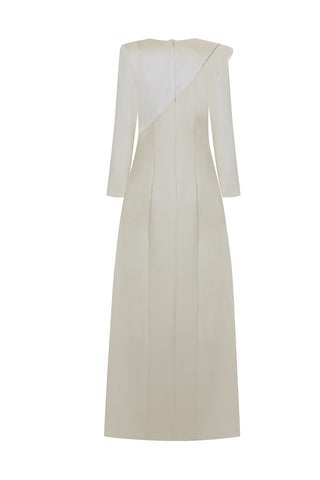 Asymmetric Draped Long-Sleeve Evening Dress - Cream