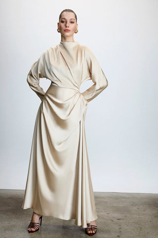 Asymmetric Draped High-Neck Satin Long Evening Dress - Beige