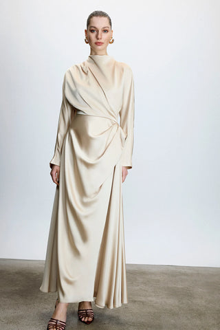 Asymmetric Draped High-Neck Satin Long Evening Dress - Beige