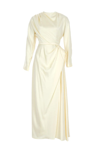 Asymmetric Draped High-Neck Satin Long Evening Dress - Cream