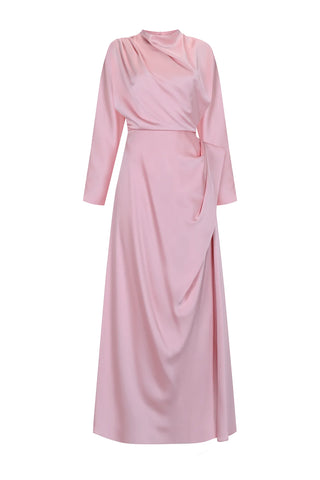 Asymmetric Draped High-Neck Satin Long Evening Dress - Pink