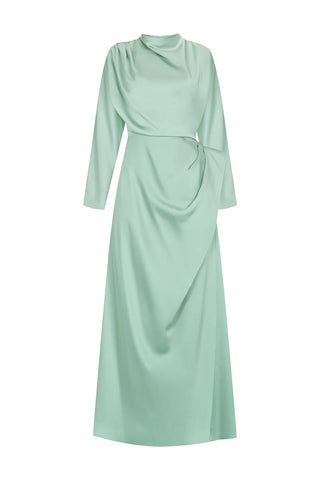 Asymmetric Draped High-Neck Satin Long Evening Dress - Mint