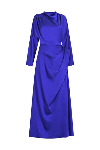 Asymmetric Draped High-Neck Satin Long Evening Dress - Saxe Blue