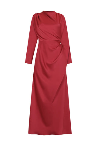 Asymmetric Draped High-Neck Satin Long Evening Dress - Red