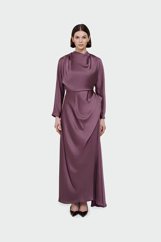 Asymmetric Draped High-Neck Satin Long Evening Dress - Plum