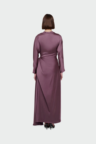Asymmetric Draped High-Neck Satin Long Evening Dress - Plum