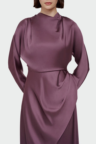 Asymmetric Draped High-Neck Satin Long Evening Dress - Plum